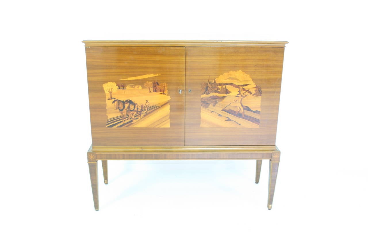 Swedish Art Deco Intarsia Bar Cabinet of Golden Elm 3