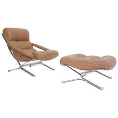 1970s Italian chrome Leather Lounge Chair and Ottoman