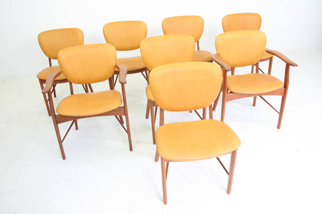 Rare set of eight Finn Juhl Niels Vodder leather and teak dining chairs model PV55 and PV55A. Very rare set of eight chairs which came out of a Frank Lloyd Wright estate in California. The chairs are verified by Hanne Wilhelm Hansen & Bård