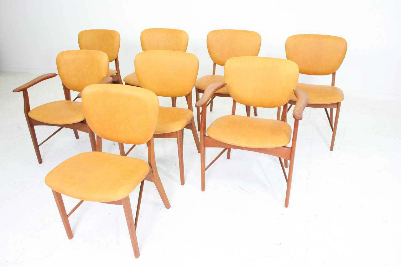 Mid-Century Modern Rare Set of Eight Finn Juhl Niels Vodder Leather and Teak Dining Chairs