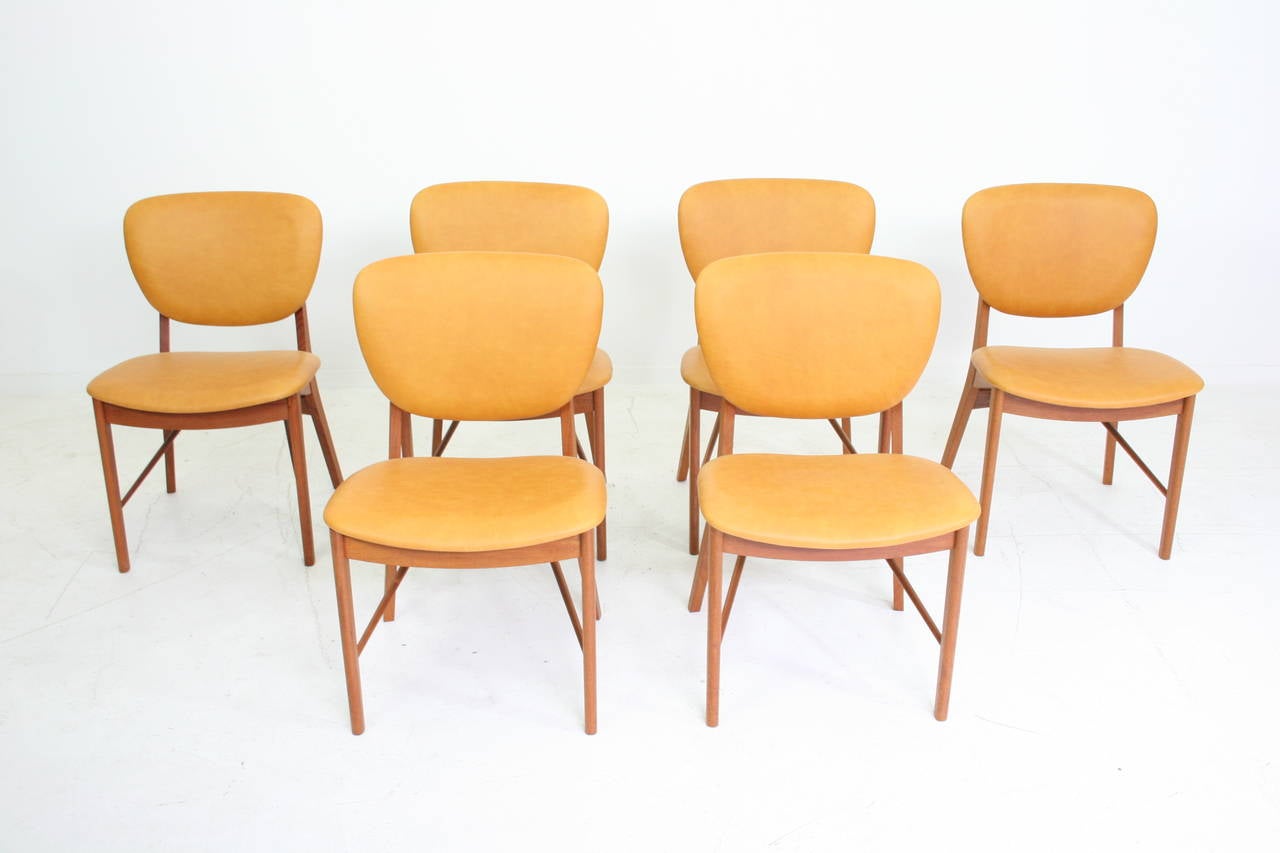 Danish Rare Set of Eight Finn Juhl Niels Vodder Leather and Teak Dining Chairs
