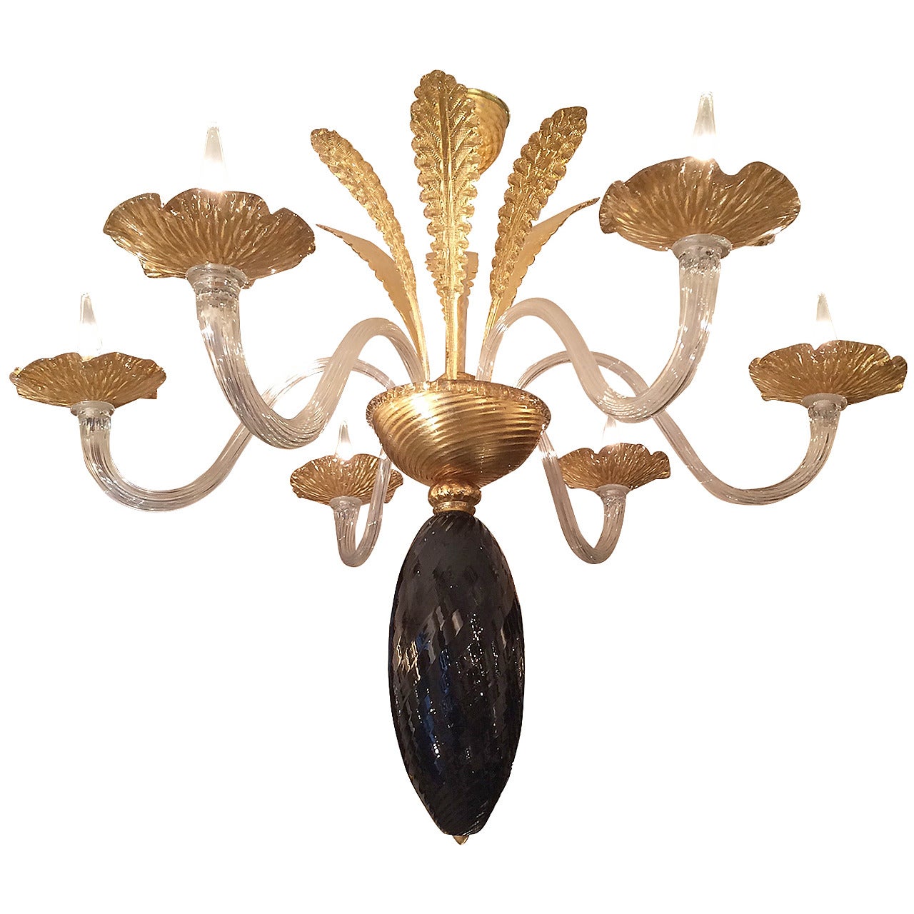 1940s Gold and Black Murano Six-Light Chandelier
