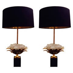 Pair of Lotus Bronze and Crystal Lamps