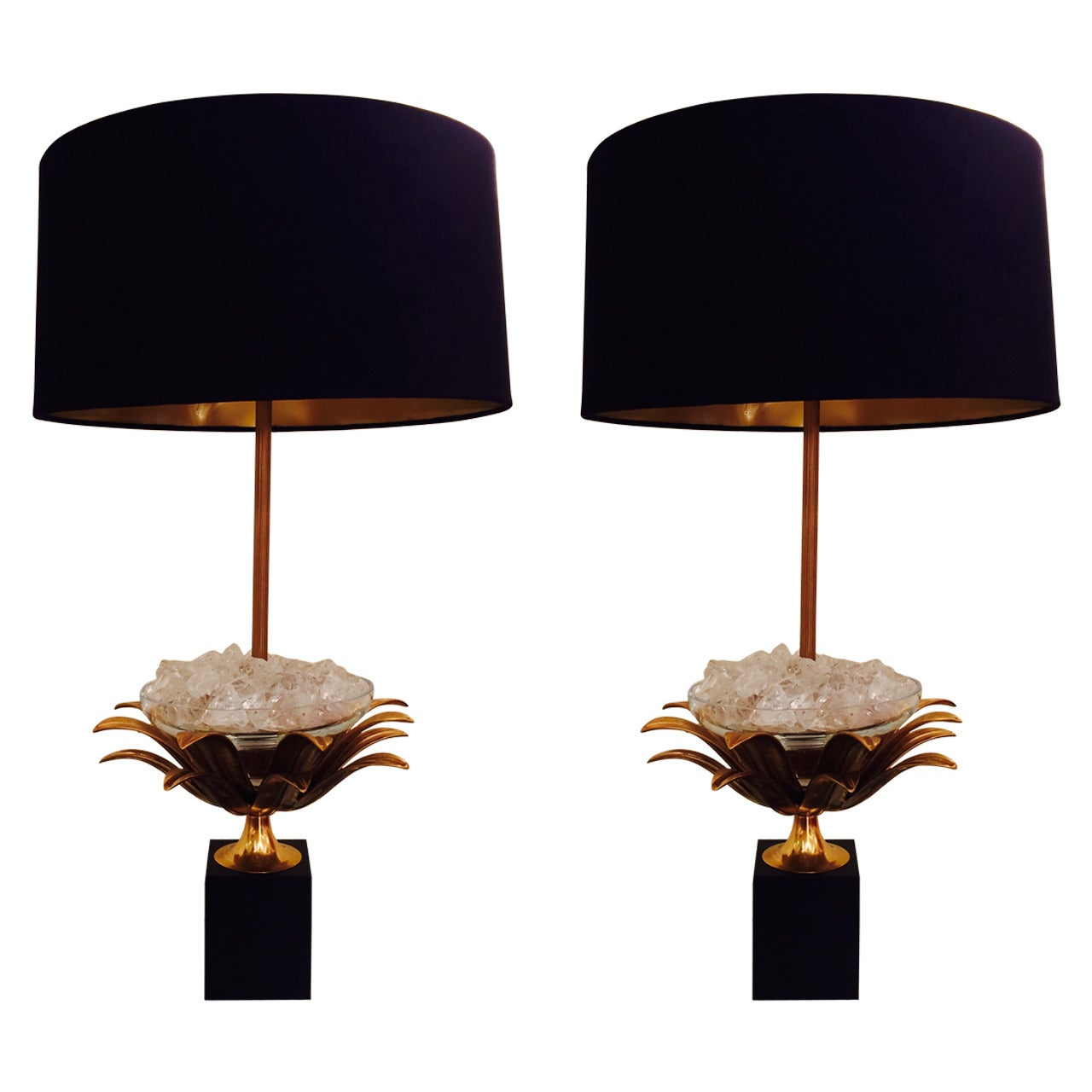 Pair of Lotus Bronze and Crystal Lamps For Sale