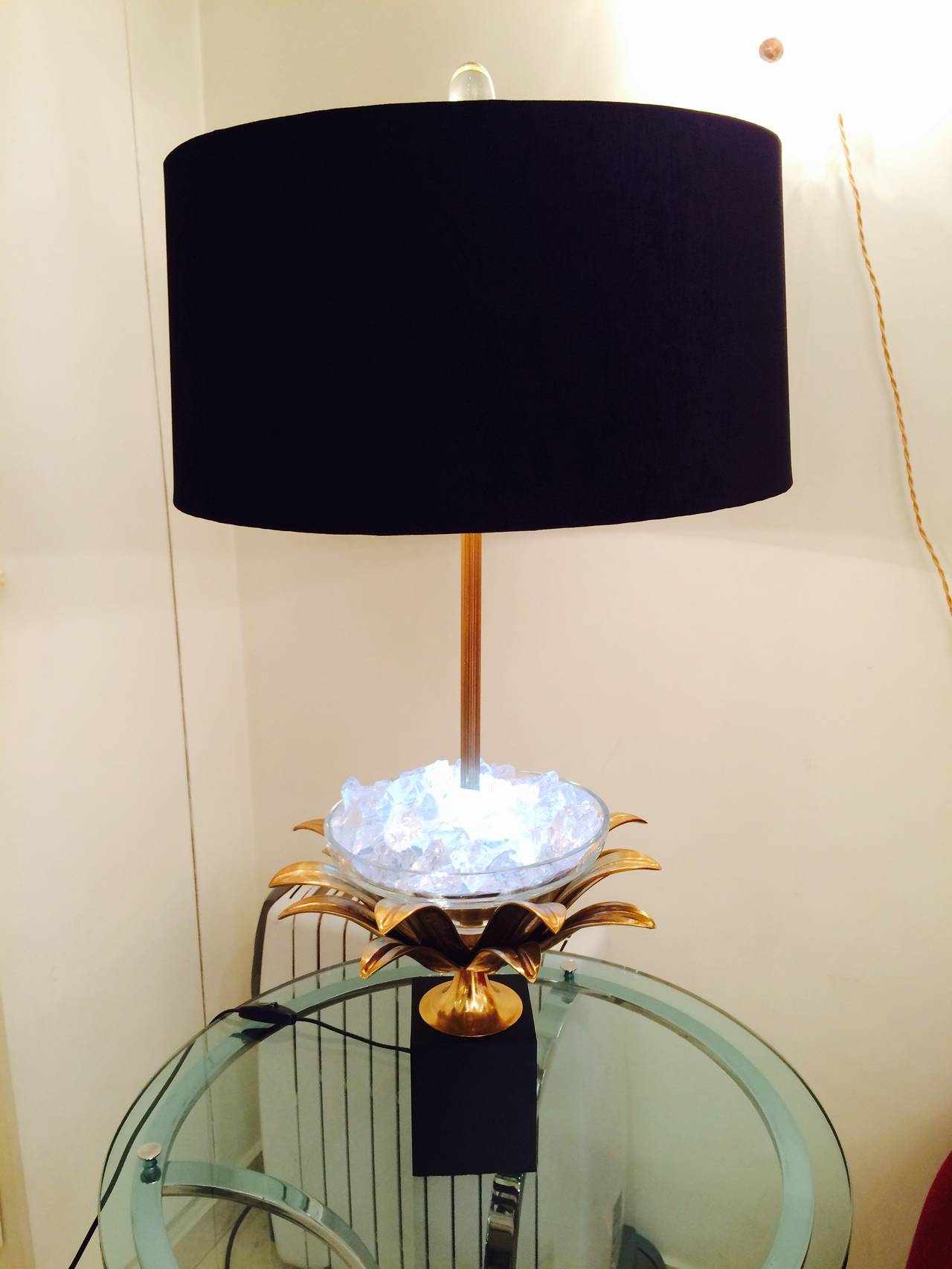 Pair of Lotus Bronze and Crystal Lamps