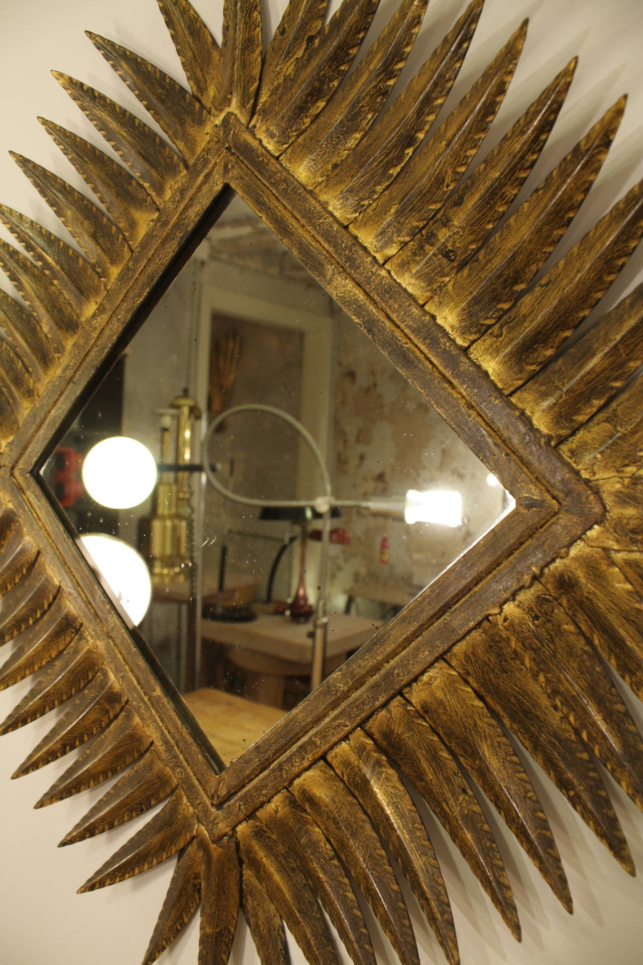 Gold Leaf Rhombus Sunburst Mirror in the Hollywood Regency Style