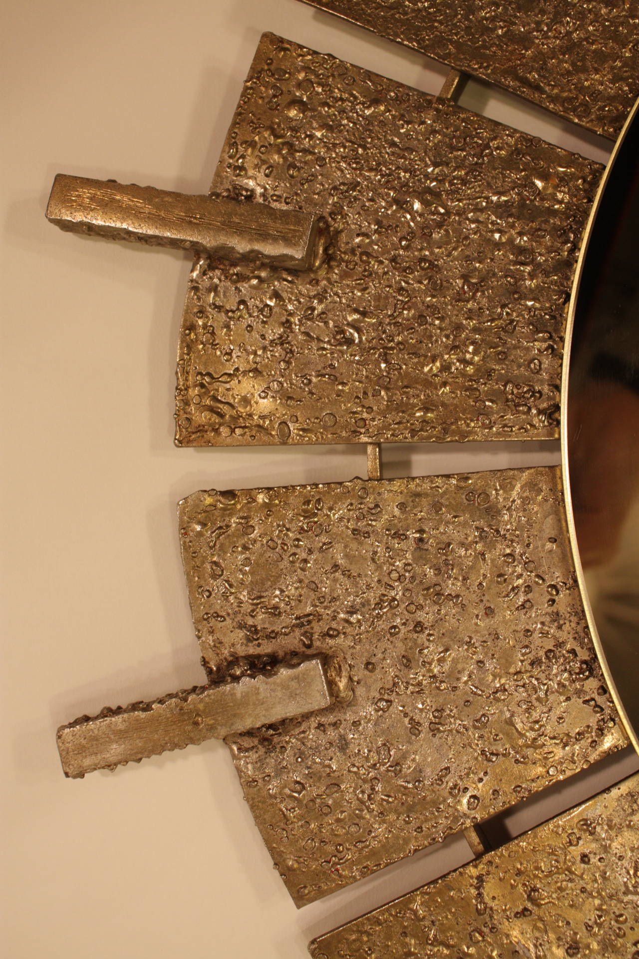 Spanish Brutalist Hand hammered Brass Circular Sunburst Mirror 1