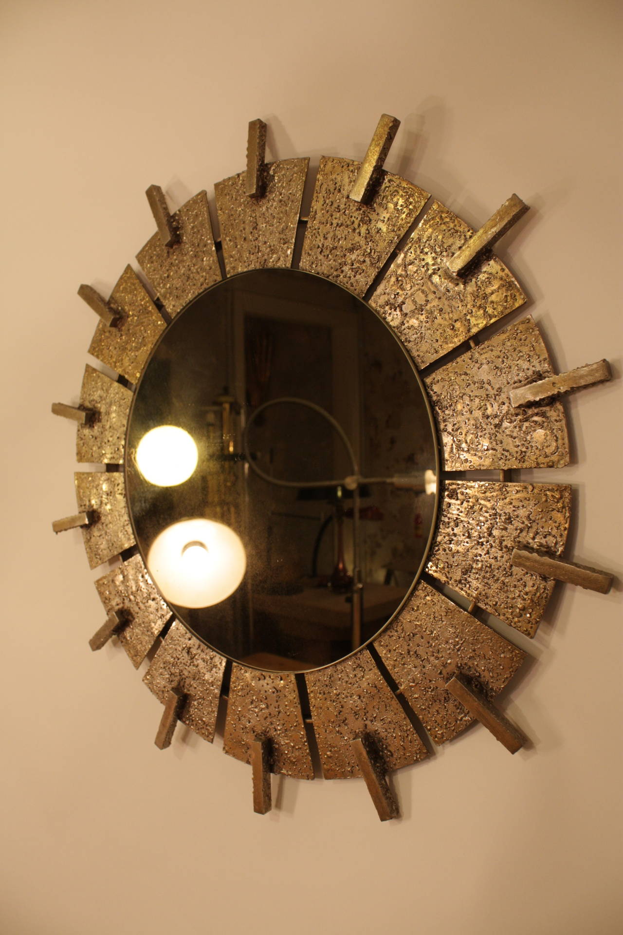 Spanish Brutalist Hand hammered Brass Circular Sunburst Mirror 3