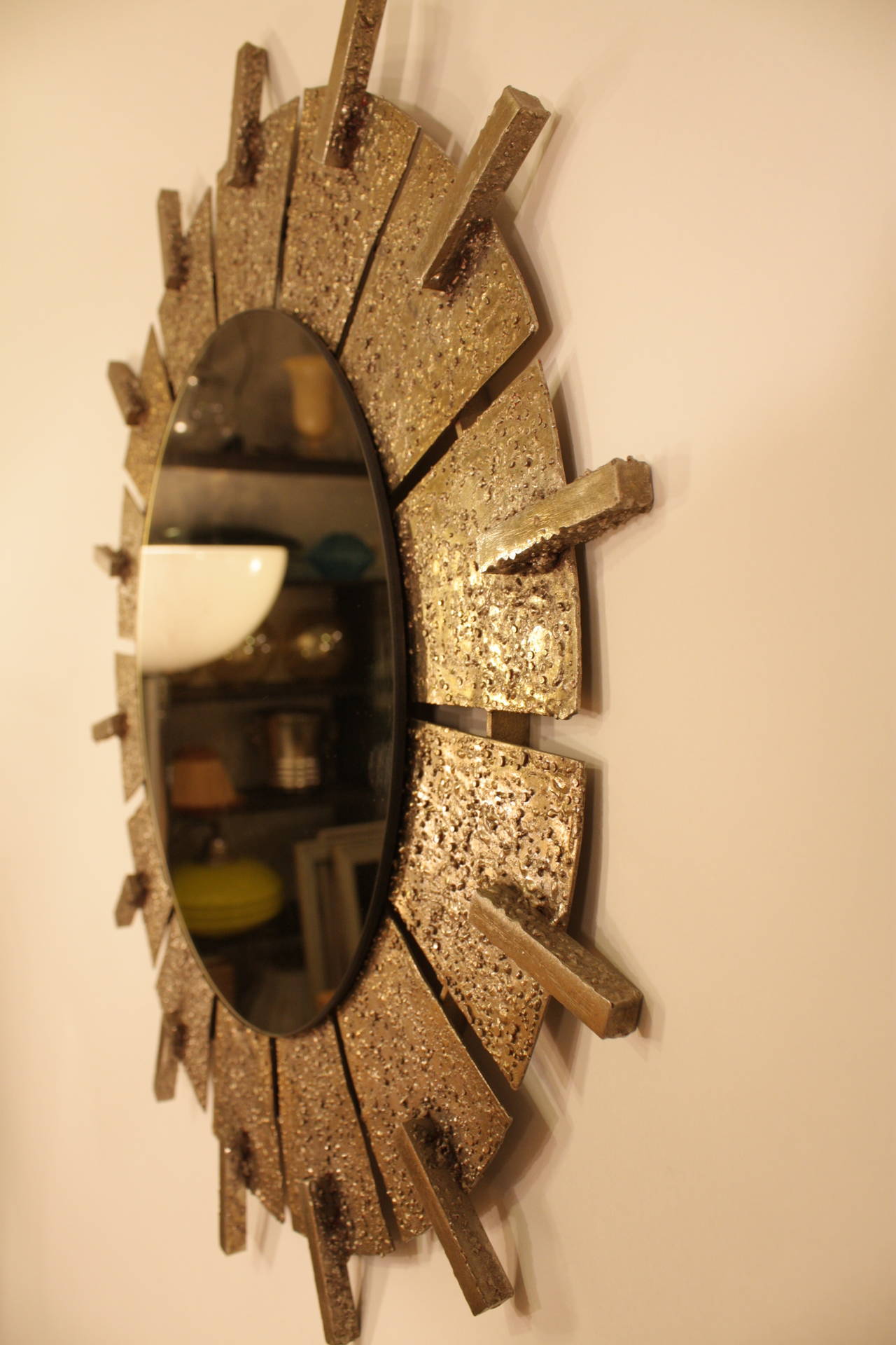 Spanish Brutalist Hand hammered Brass Circular Sunburst Mirror 2