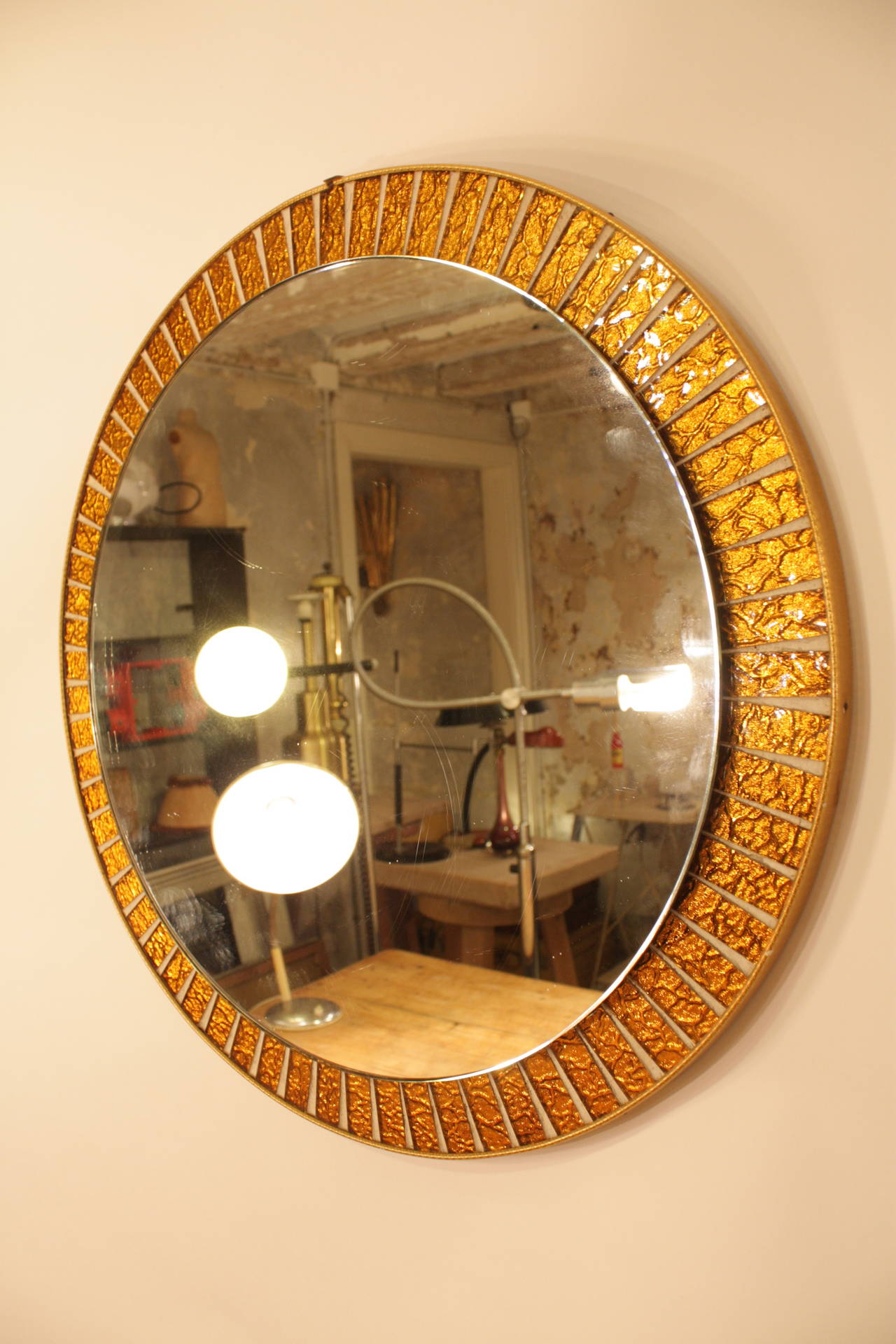 Midcentury HandCut Mosaic Glass Circular Mirror For Sale at 1stdibs