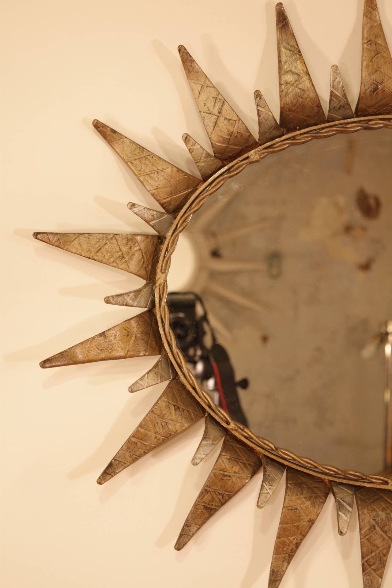 Mid-Century Modern Oval Gilt and Plated Sunburst Mirror