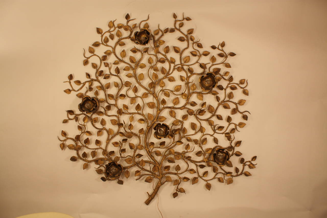 Large Gilt Iron Ornate Tree Wall Sconce In Excellent Condition In Barcelona, ES