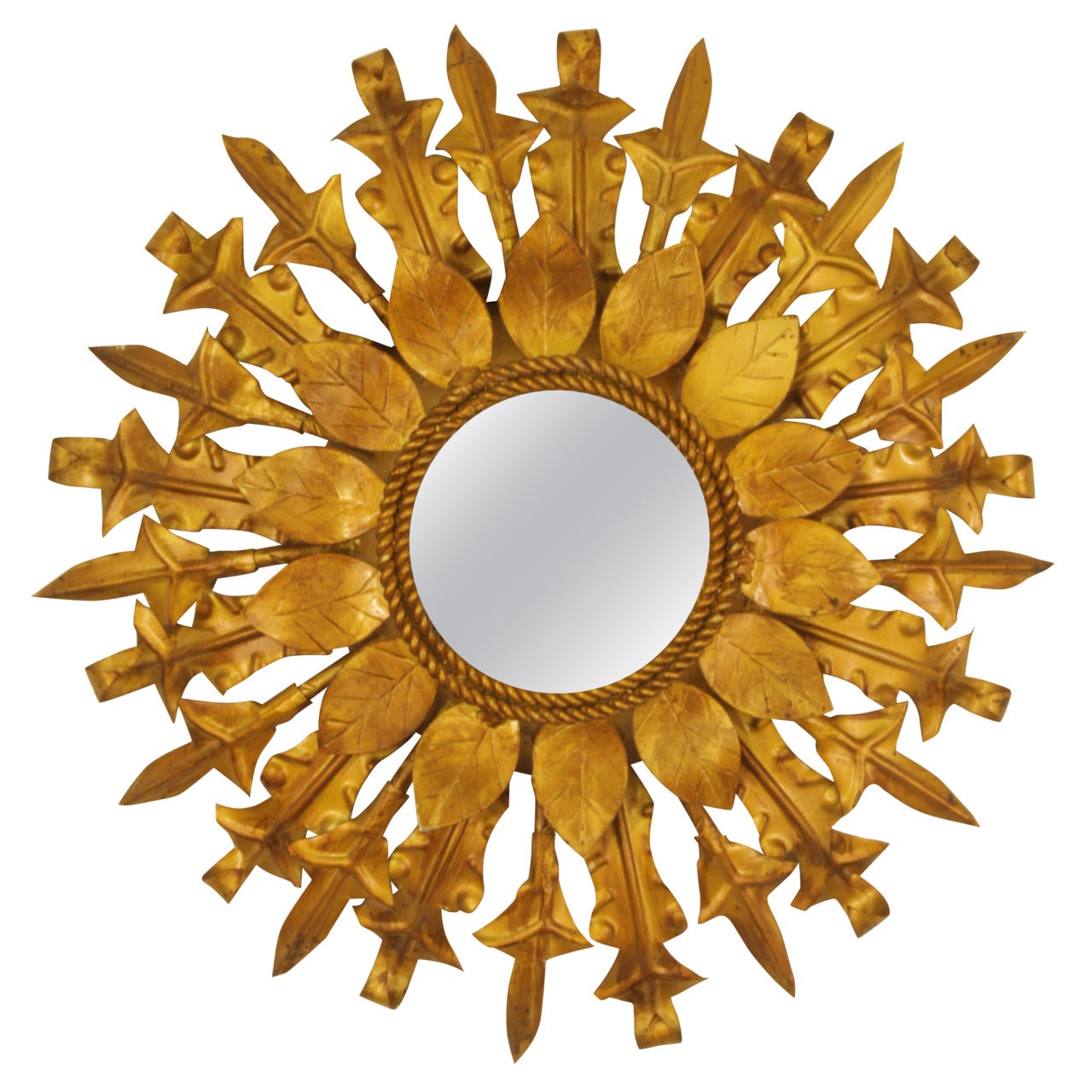 Mid-Century Modern Gilt Iron Flower Leaves Sunburst Mirror, Spain 1960s