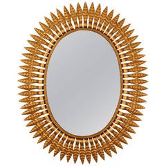 Hollywood Regency Gilt Metal Oval Sunburst Mirror 5