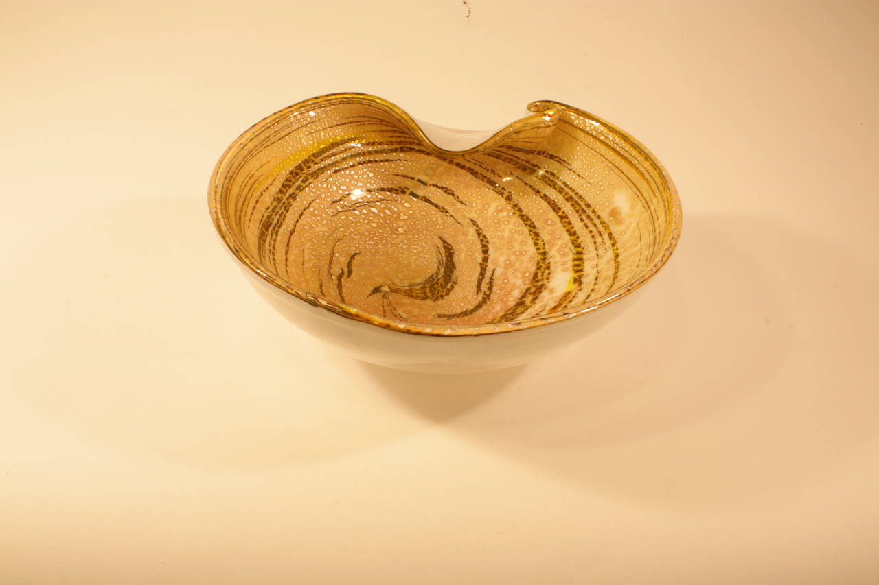 Mid-Century Modern Large Murano Glass Bowl with Print Animal Swirls and Silver Flecks