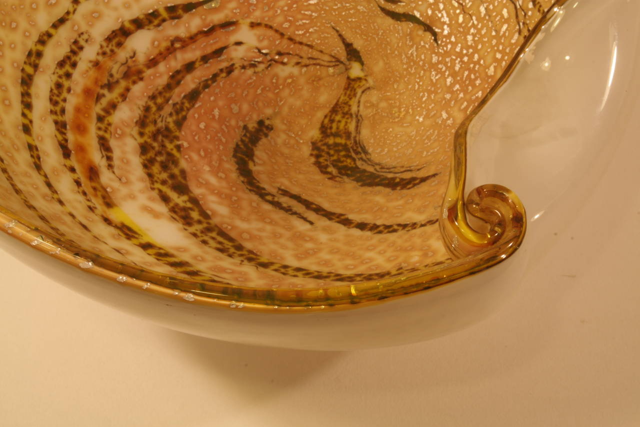 Italian Large Murano Glass Bowl with Print Animal Swirls and Silver Flecks