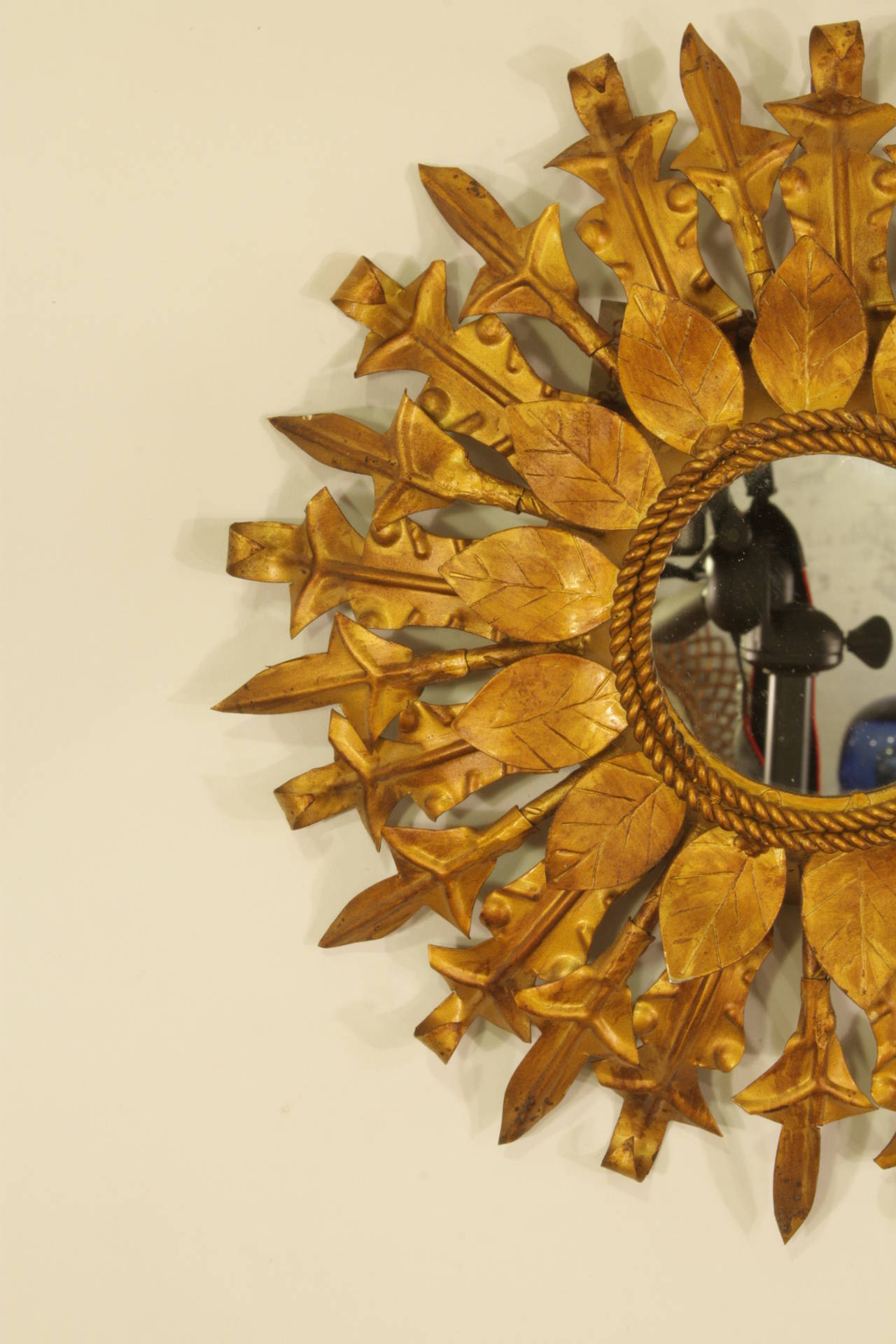 Spanish Mid-Century Modern Gilt Iron Flower Leaves Sunburst Mirror, Spain 1960s