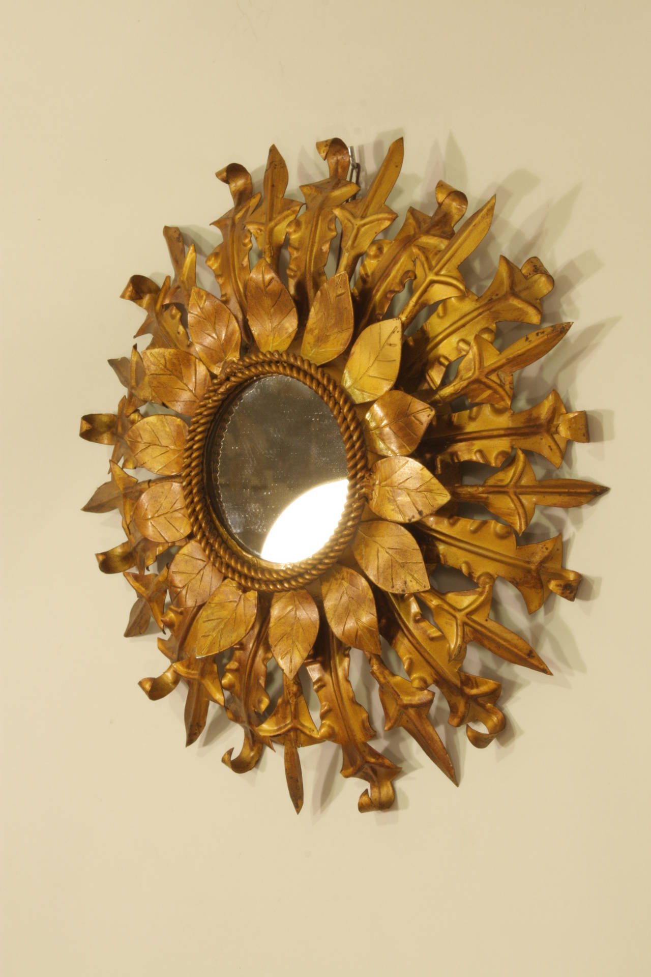 Mid-Century Modern Gilt Iron Flower Leaves Sunburst Mirror, Spain 1960s In Excellent Condition In Barcelona, ES