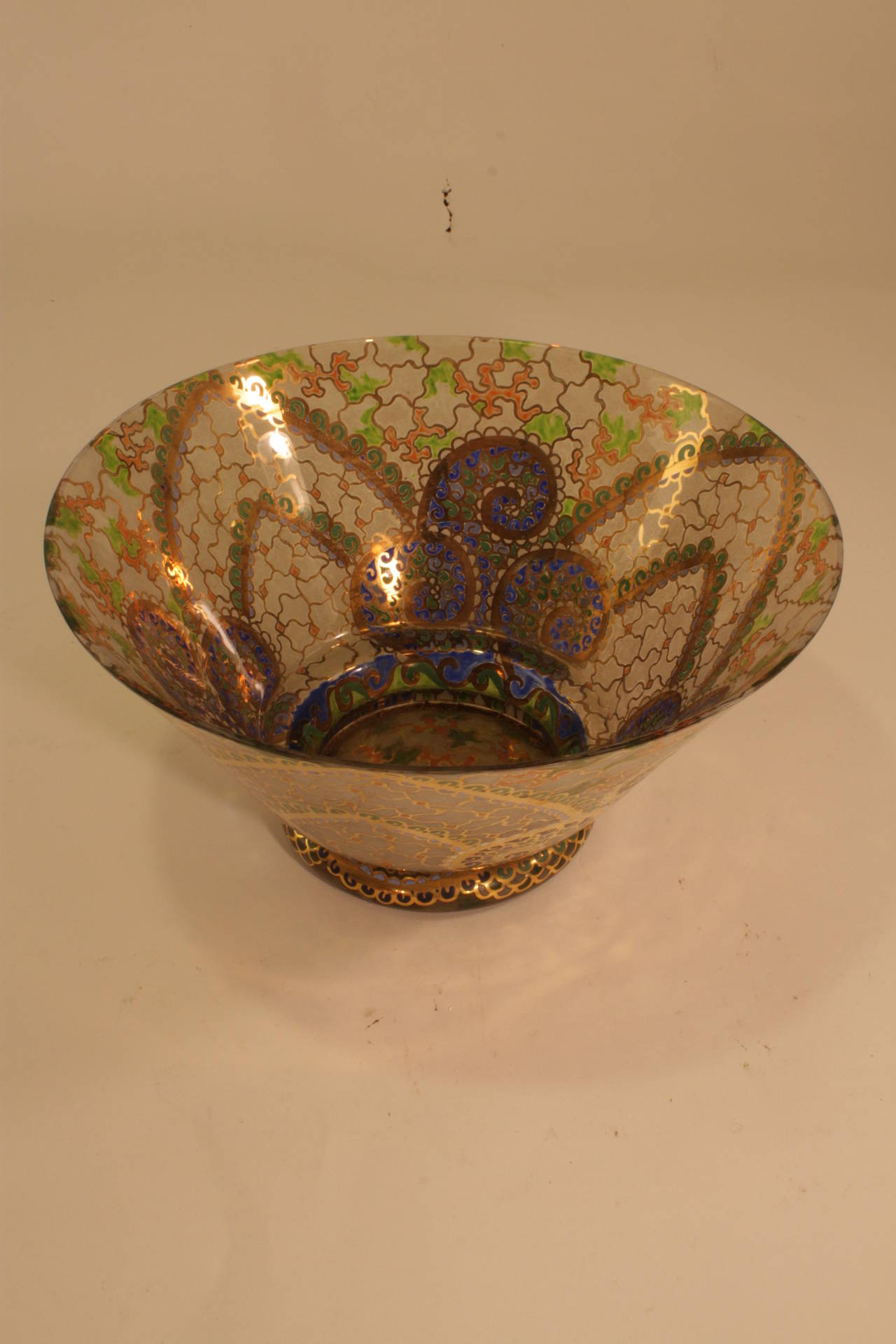 Spanish Art Deco Hand-Painted Glass Bowl by Riera