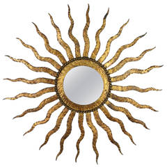French Gilt Iron Sun Mirror in the Style of Gilbert Poillerat