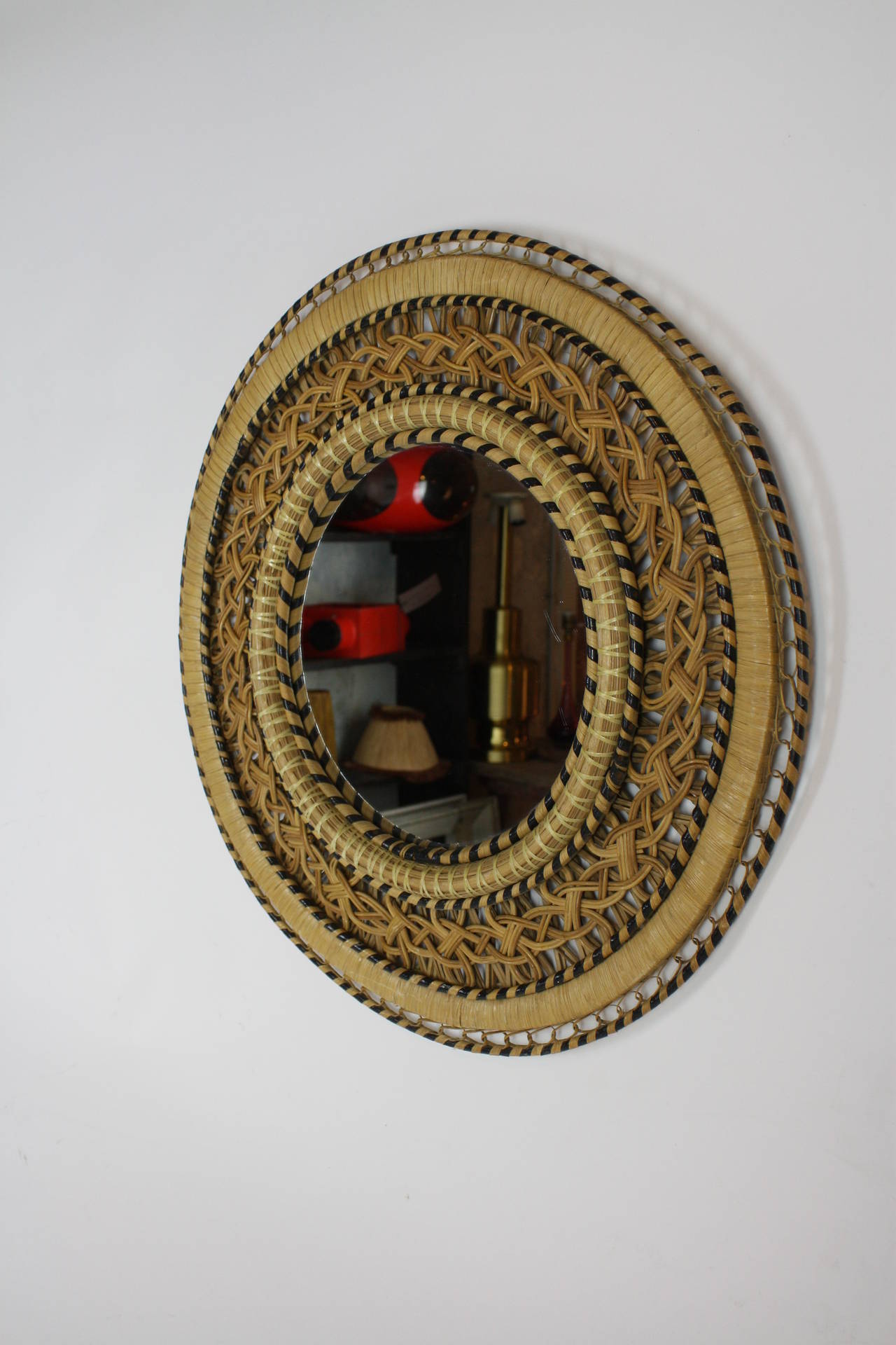 Late 20th Century Rare Wicker Circular Mirror in 