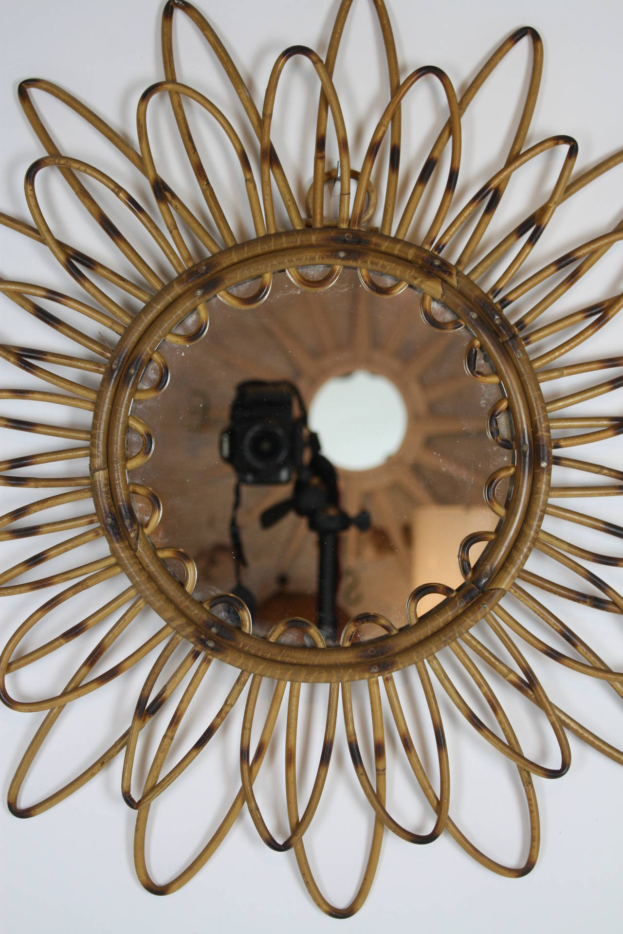 Mid-Century Modern Spanish Rattan Flower Burst Mirror