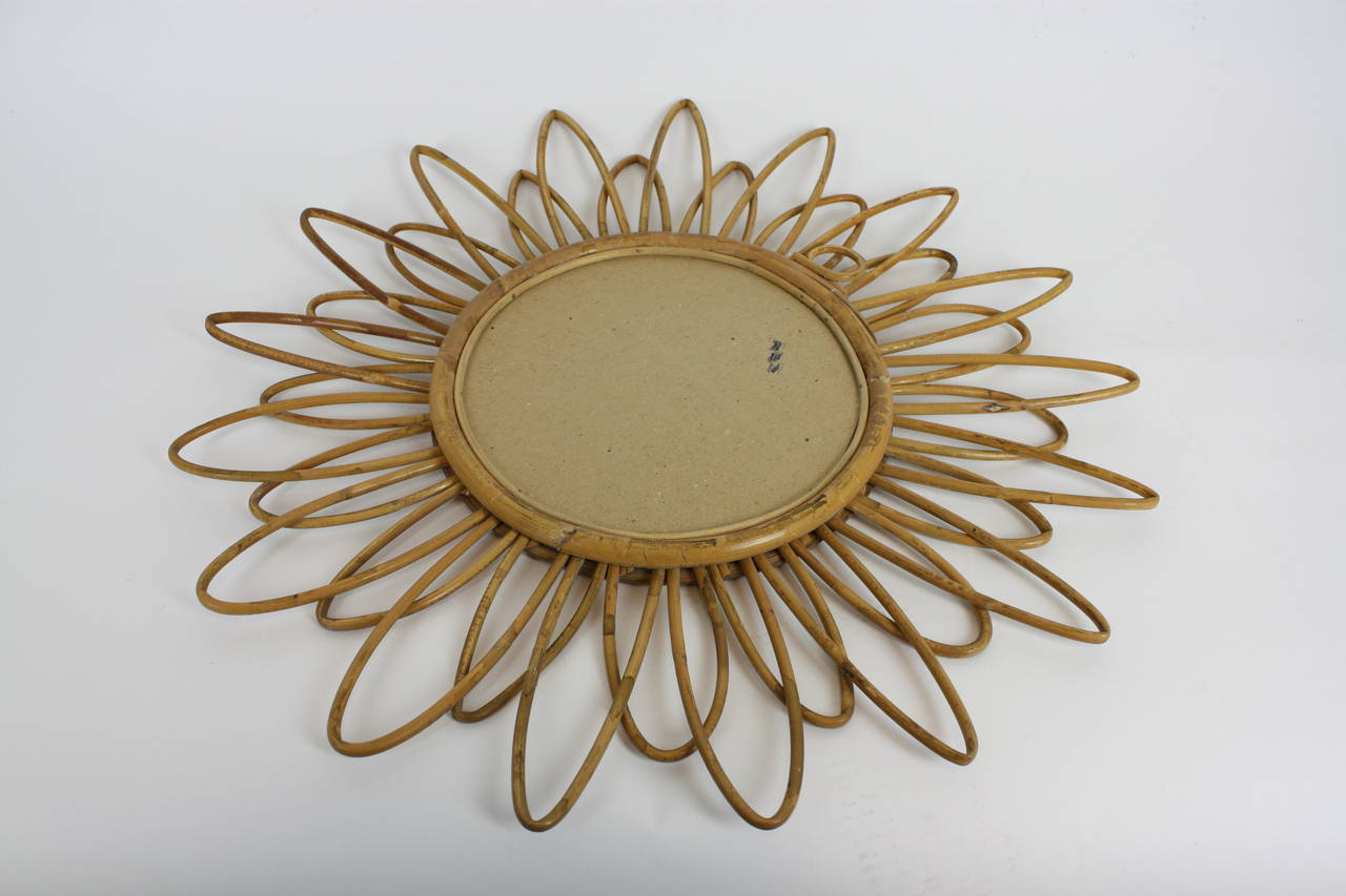 Mid-20th Century Spanish Rattan Flower Burst Mirror