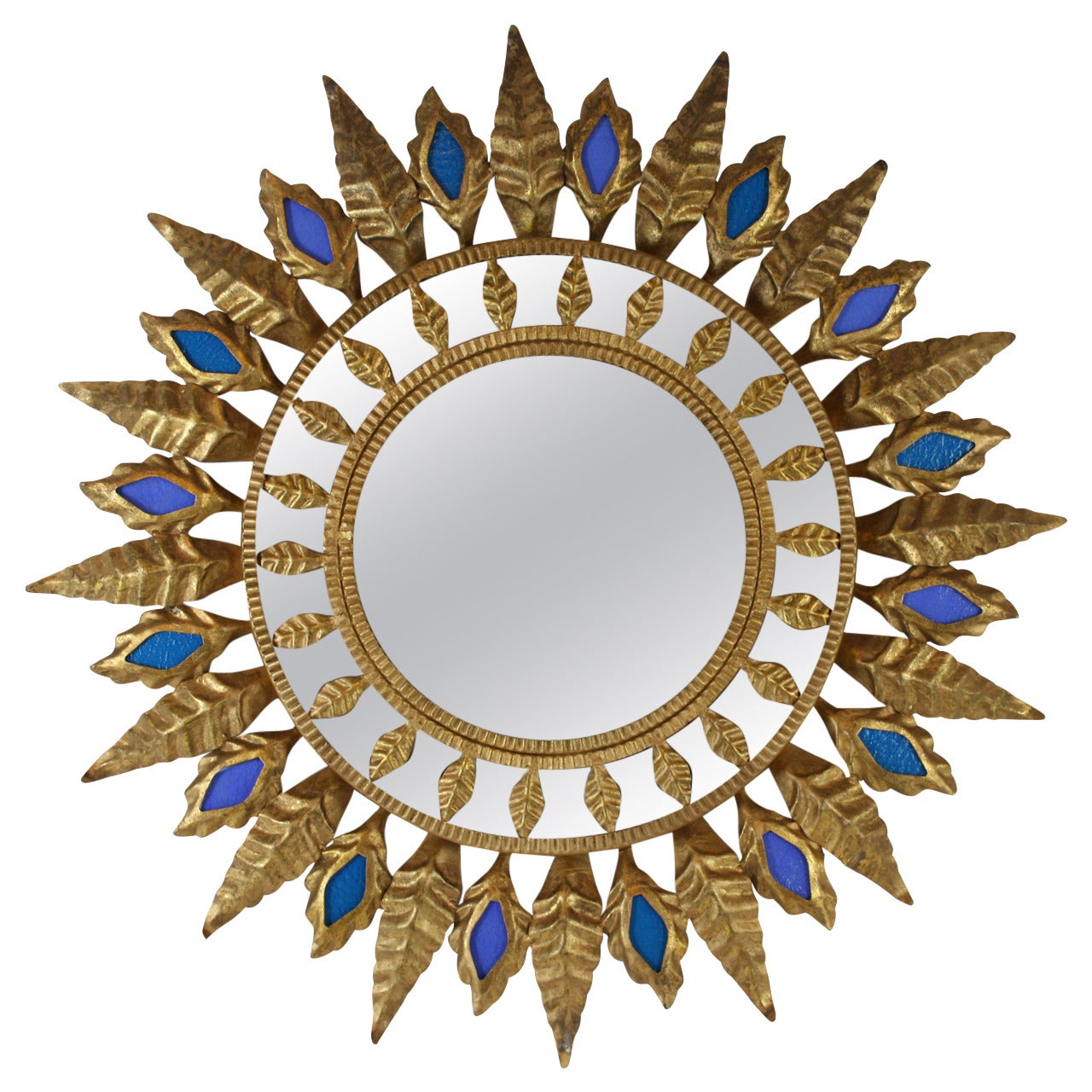 Gilt iron sunburst mirror with blue glasses
