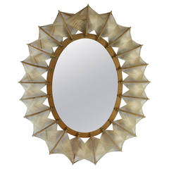 Superb Rattan and Wood Oval Mirror, circa 1960