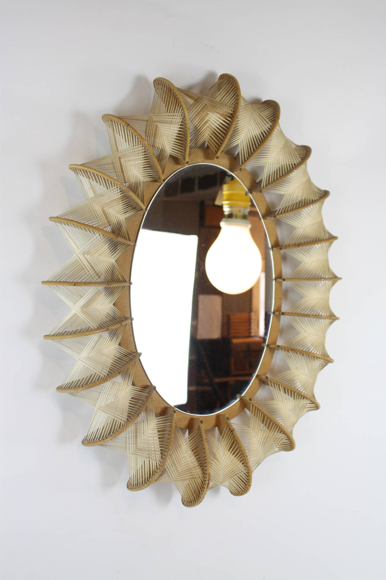 Mid-Century Modern Superb Rattan and Wood Oval Mirror, circa 1960