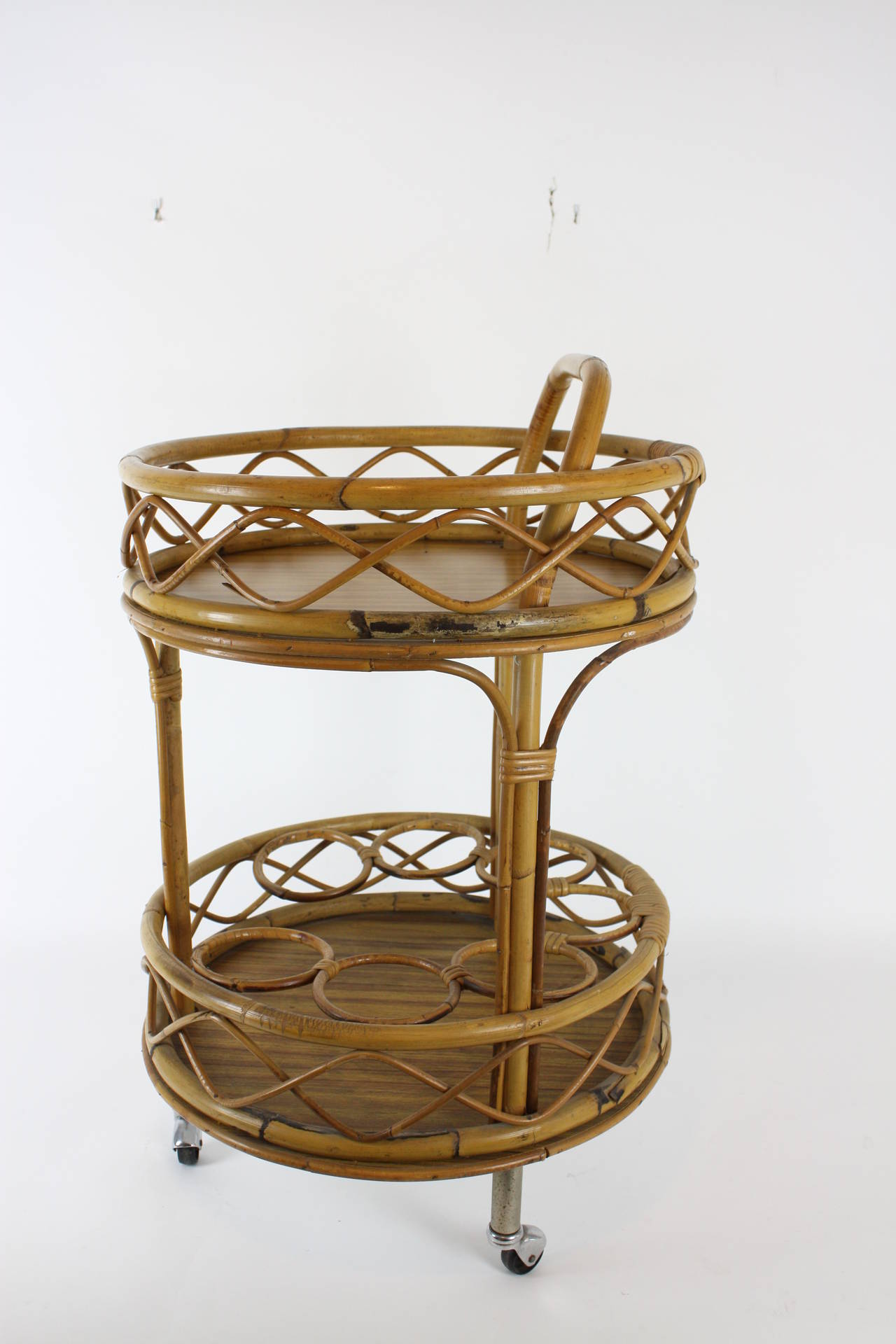 Mid-20th Century Spanish Round Bamboo Bar Cart