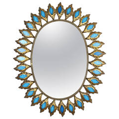 Oval Sunburst Gilt Iron Mirror with Blue Glass Details