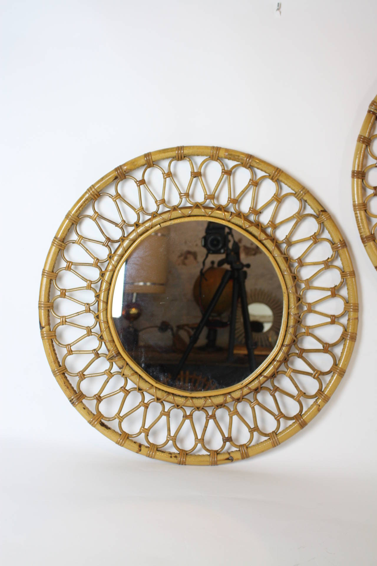 Mid-Century Modern Pair of Spanish Bamboo and Wicker Midcentury Circular Mirrors