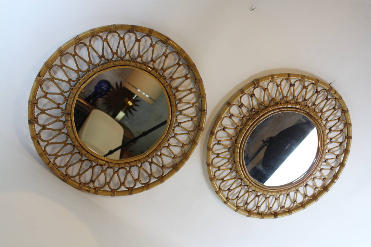 Late 20th Century Pair of Spanish Bamboo and Wicker Midcentury Circular Mirrors
