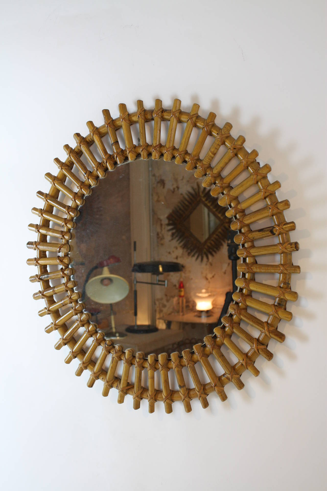 Mid-20th Century Spanish Bamboo Sunburst Mirror