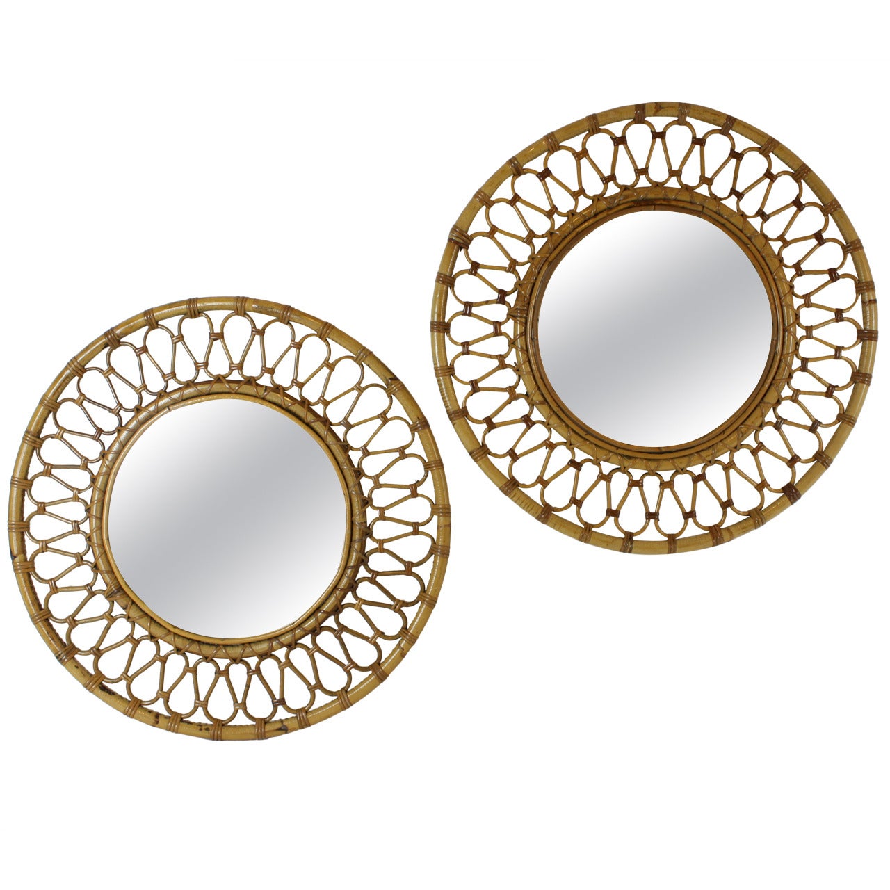Pair of Spanish Bamboo and Wicker Midcentury Circular Mirrors