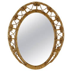 Spanish 1950s Bamboo and Wicker Oval Mirror with Filigree Frame 9