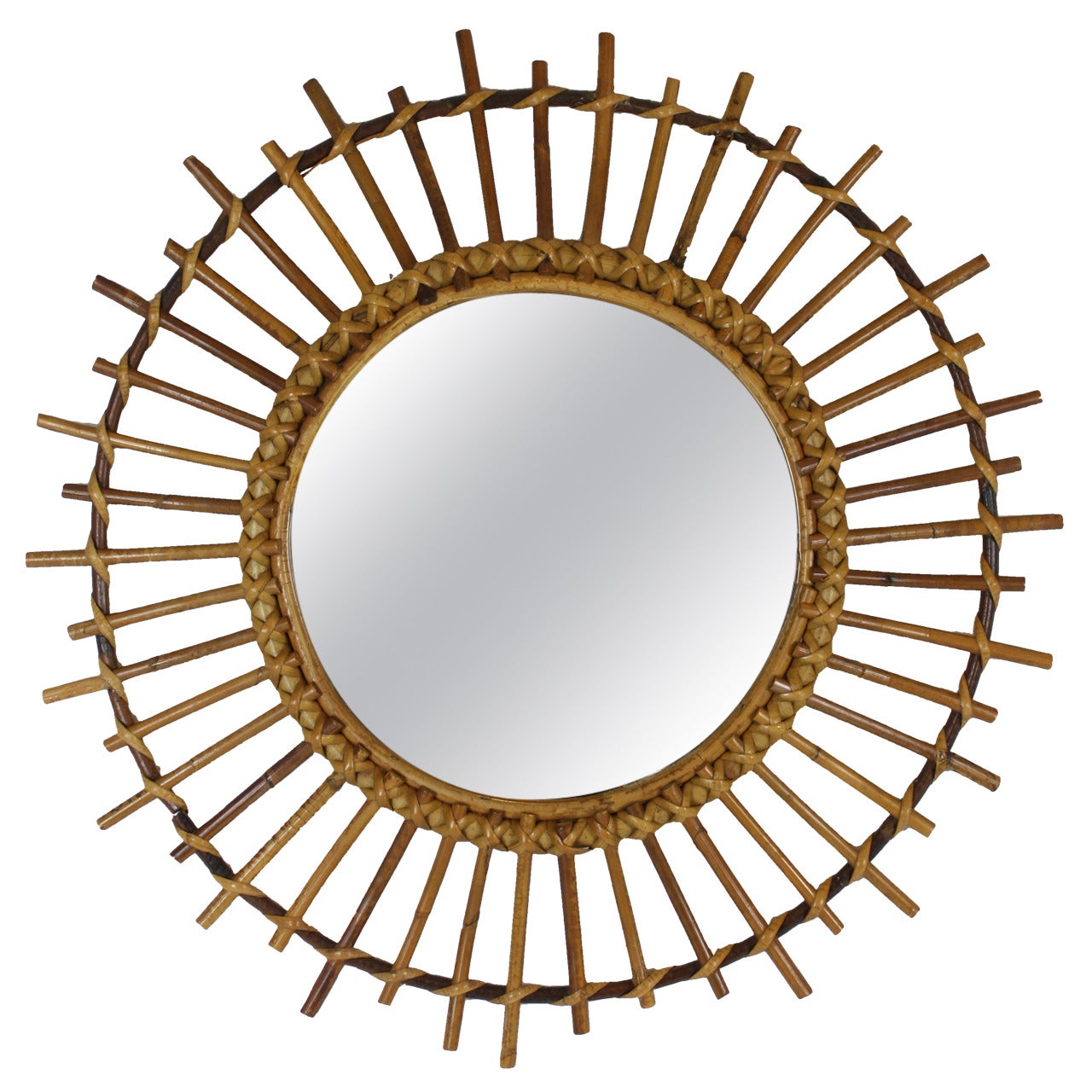 1960s Spanish Rattan Sunburst Mirror