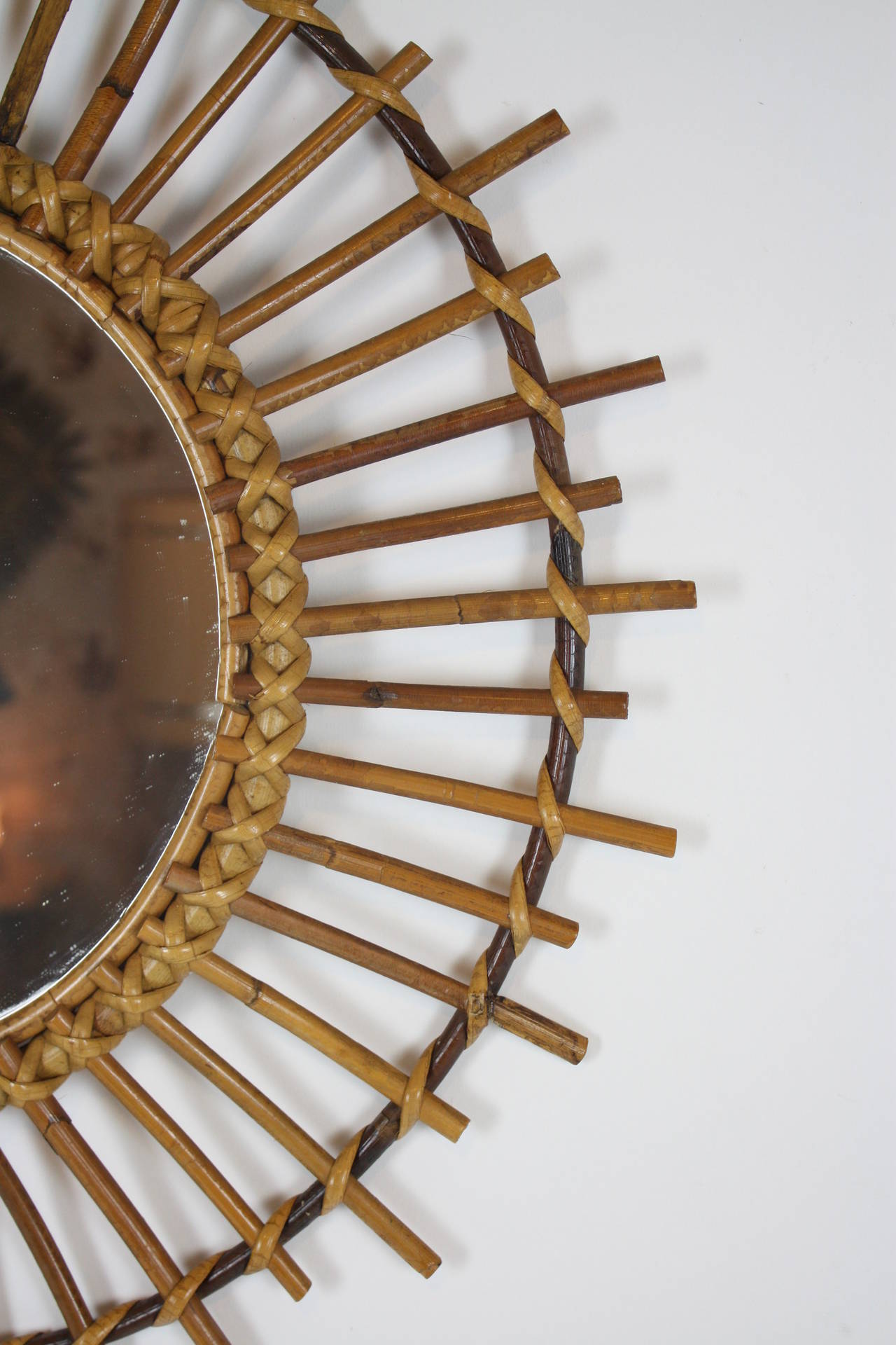 Mid-Century Modern 1960s Spanish Rattan Sunburst Mirror