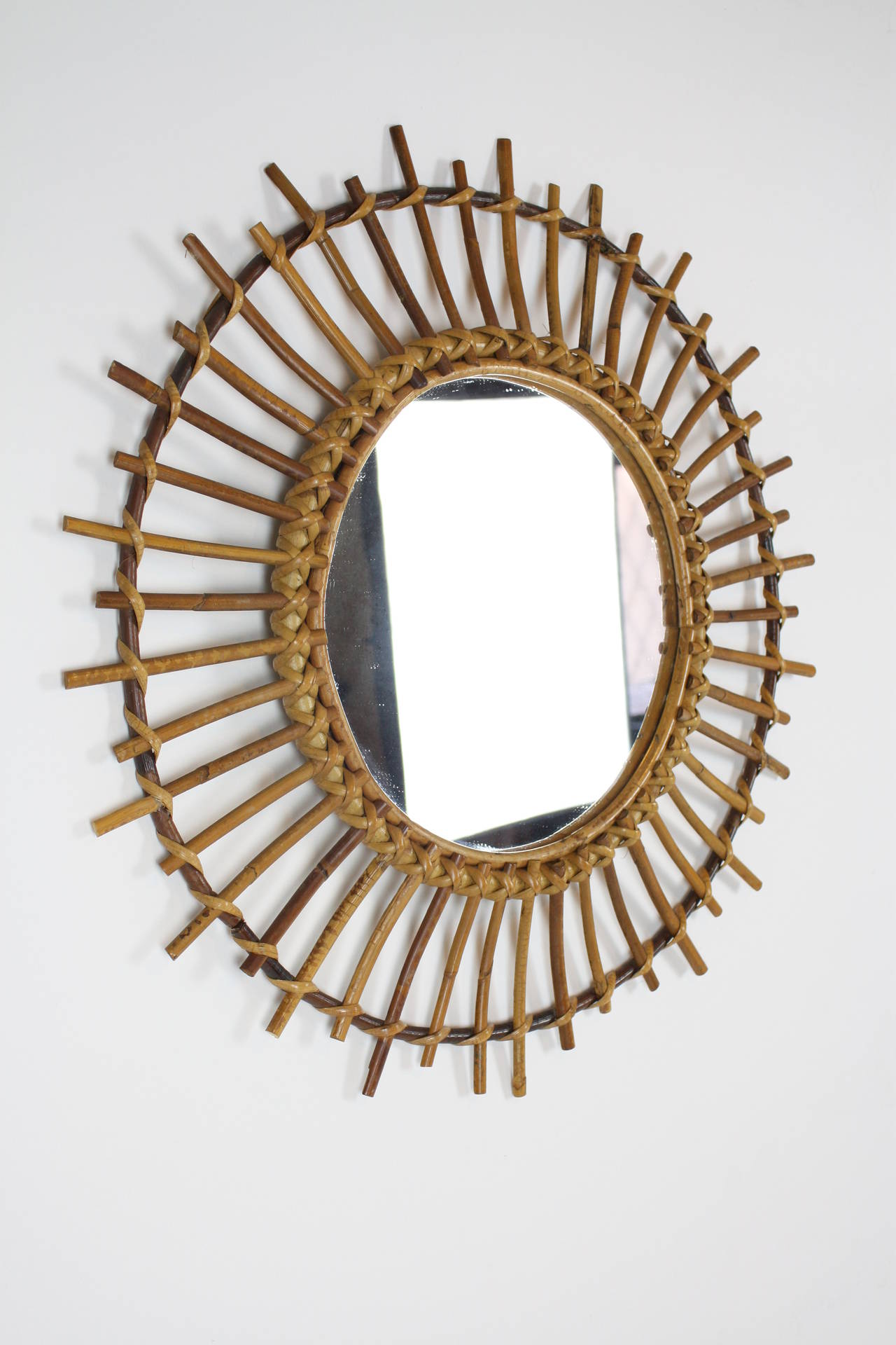Mid-20th Century 1960s Spanish Rattan Sunburst Mirror