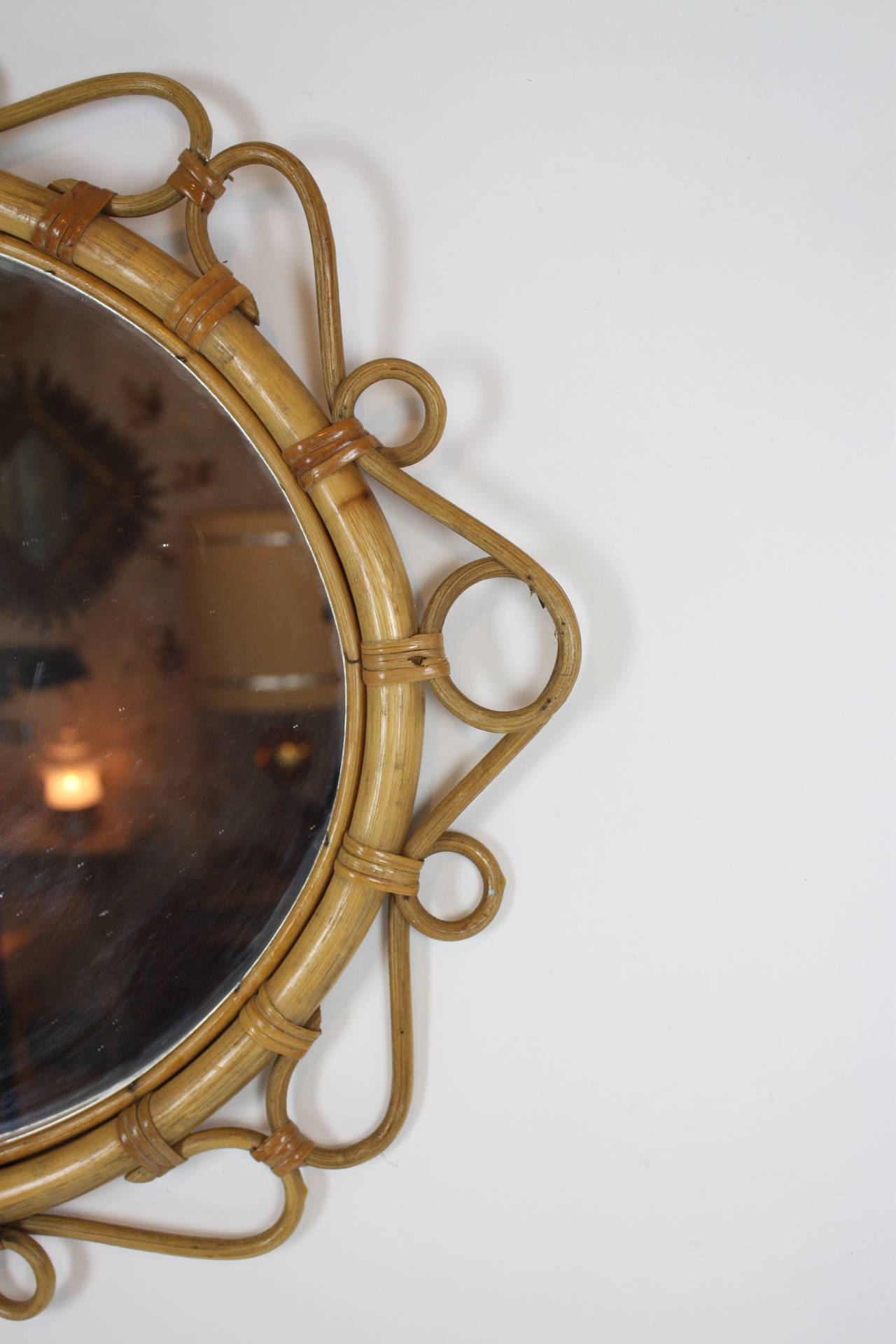 Mid-20th Century Spanish Bamboo and Wicker Oval Flowerburst Mirror