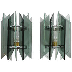 Fontana Arte Style Pair of Italian Bicolor Glass Sconces with Chomed Accents