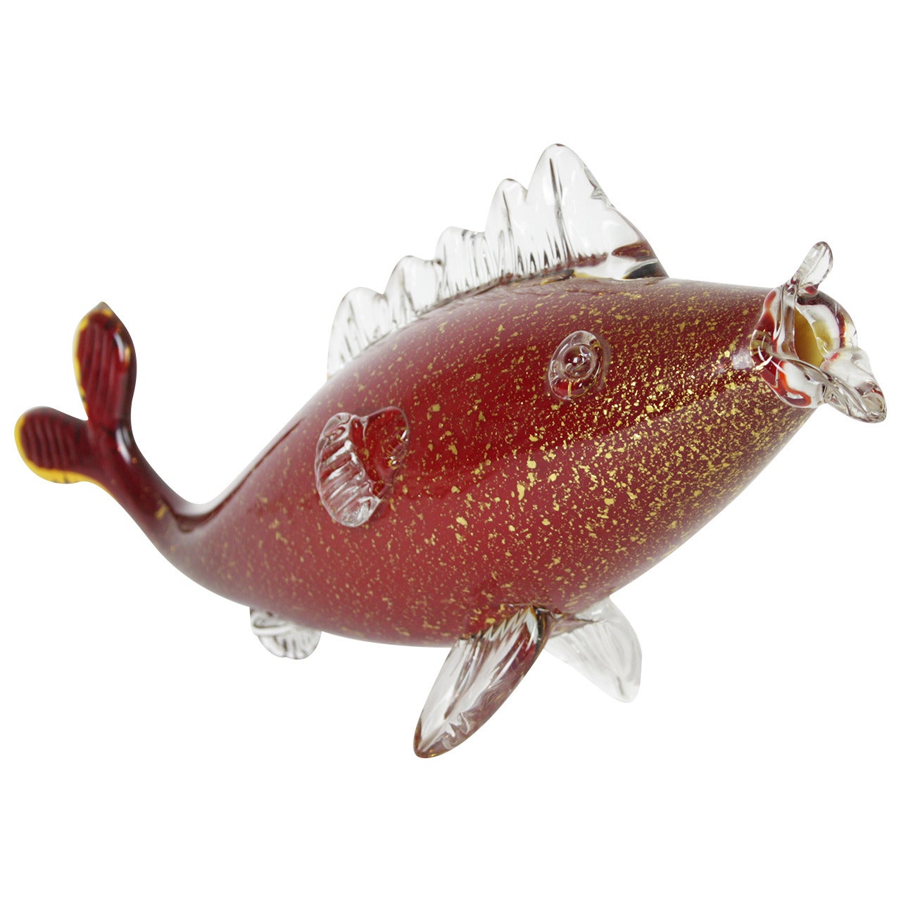 Red Murano Glass Fish Sculpture with Gold Aventurine Flecks