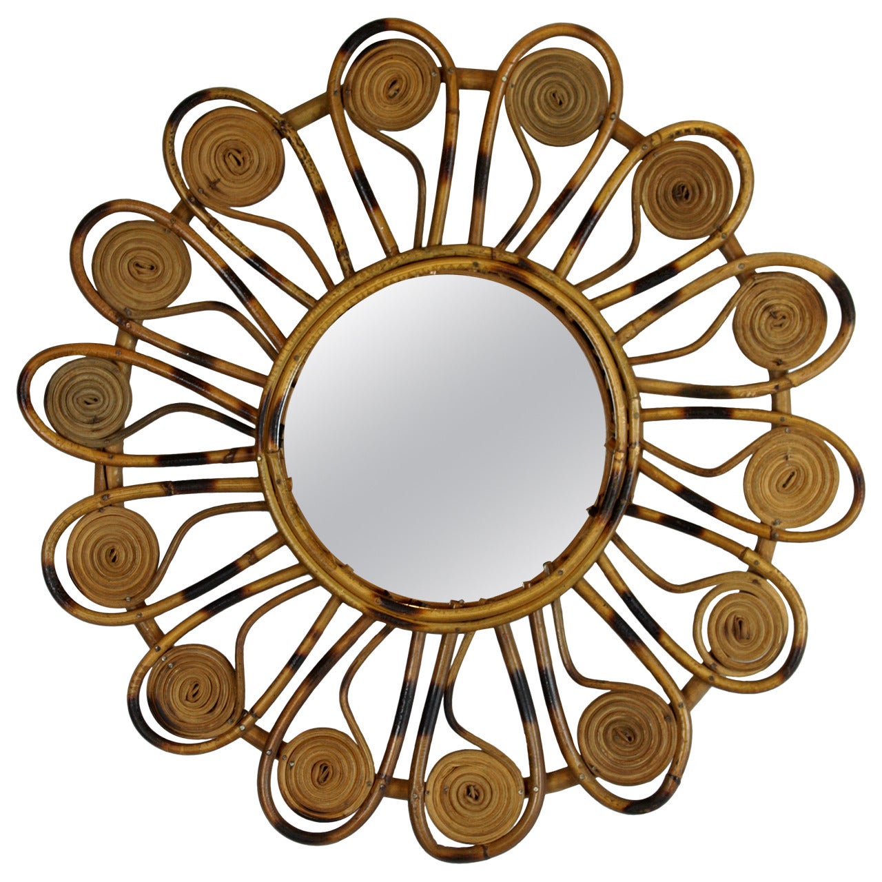 French Riviera Wicker Flower Burst Mirror with Pyro Details