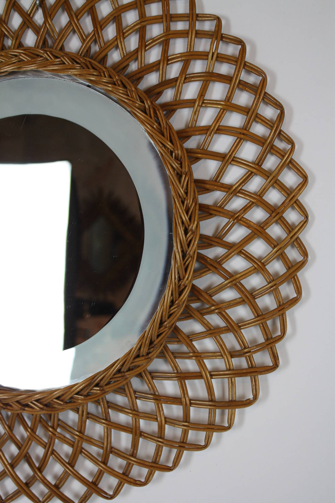 Mid-Century Modern Spanish Rattan Midcentury Circular Mirror