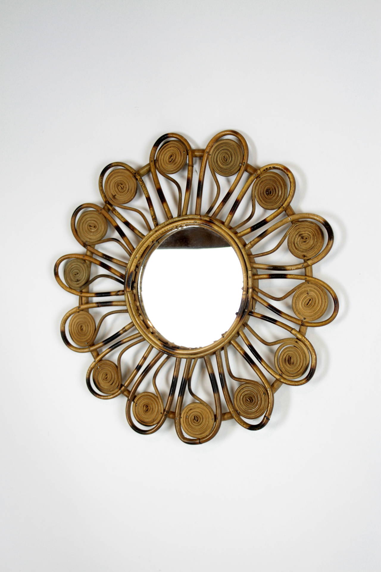 Hand-Crafted French Riviera Wicker Flower Burst Mirror with Pyro Details