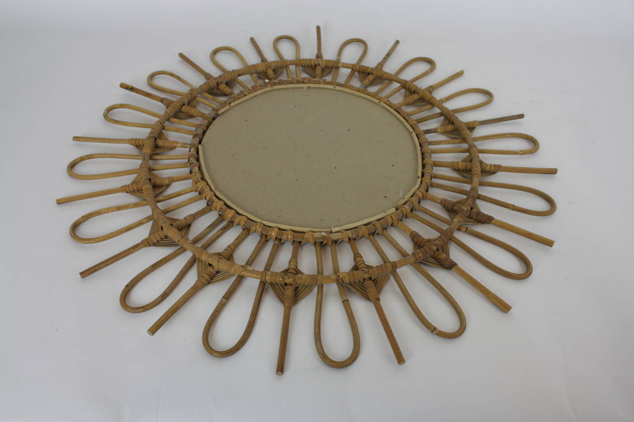Bamboo Rare Spanish Mid-Century Rattan Mirror, circa 1950