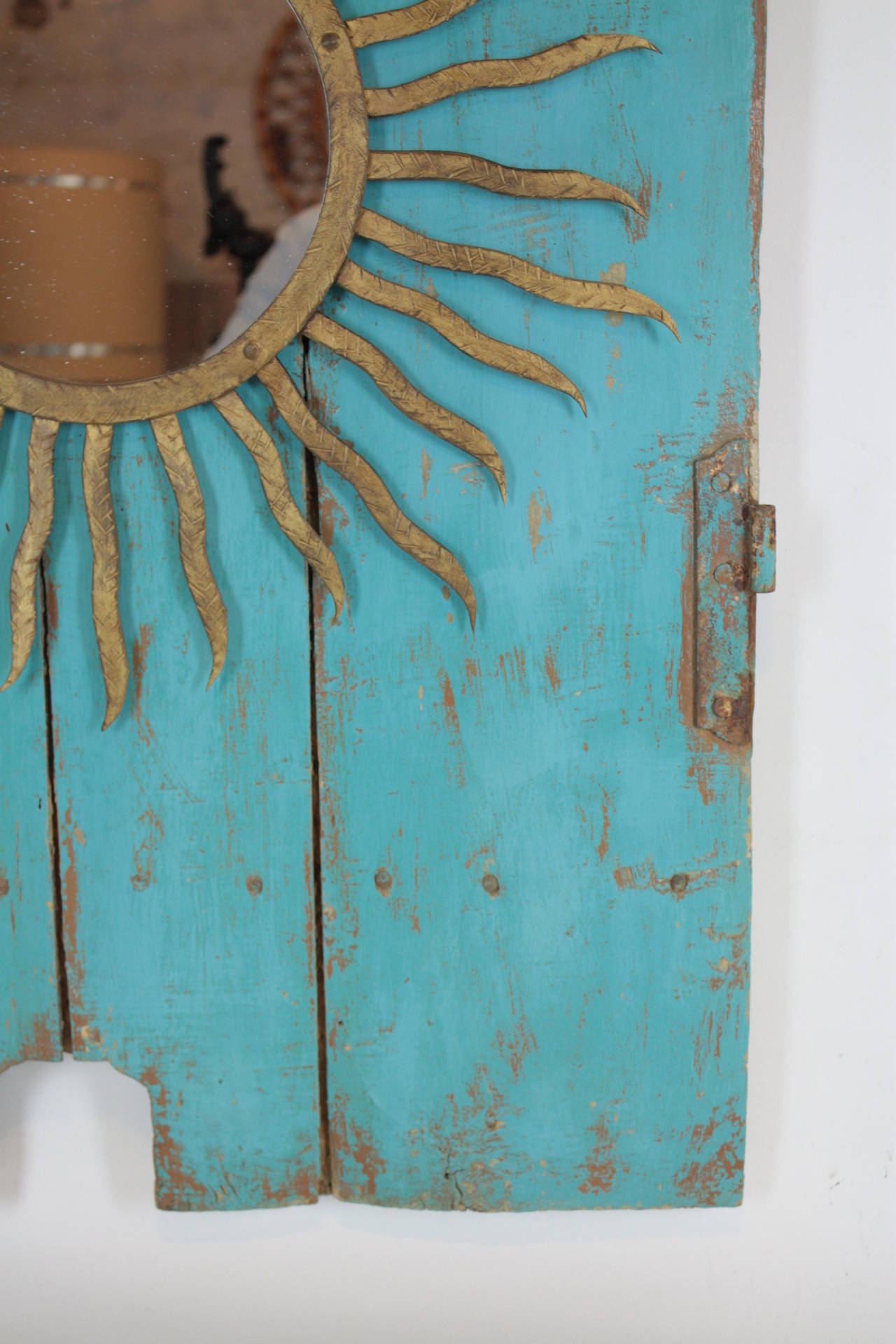 Gilt Iron Sunburst Mirror and 19th Century Turquoise Door Wall Decoration In Excellent Condition In Barcelona, ES
