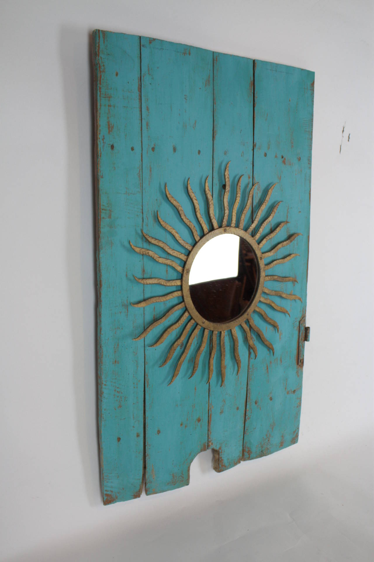 Spanish Gilt Iron Sunburst Mirror and 19th Century Turquoise Door Wall Decoration