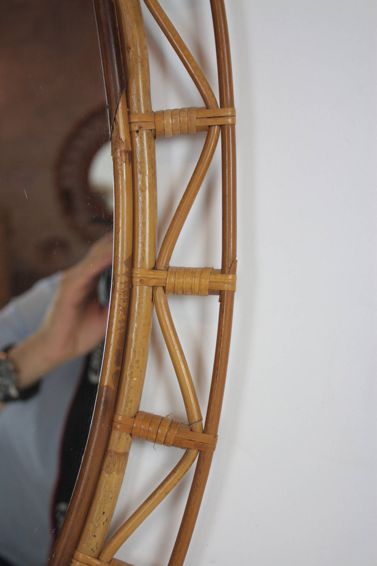 Mid-Century Modern Bamboo and Wicker Oval Mirror with Geometric Design from the Coast of Cadiz